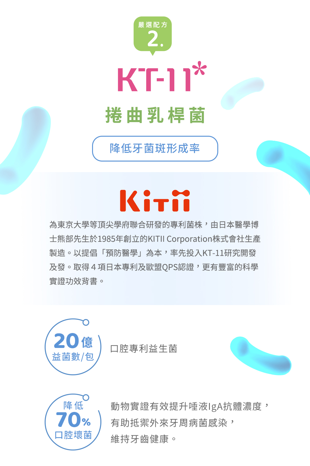 口氣清新專利成分：柿子萃取物、洋菜薊萃取物、牛奶萃取物（含乳鐵蛋白）、褐藻萃取物（糊精、褐藻糖膠）、捲曲乳桿菌等